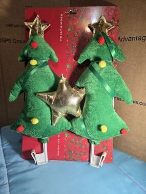 Green Plush Christmas Tree Car Seat Headrest Hooks - Set of 2